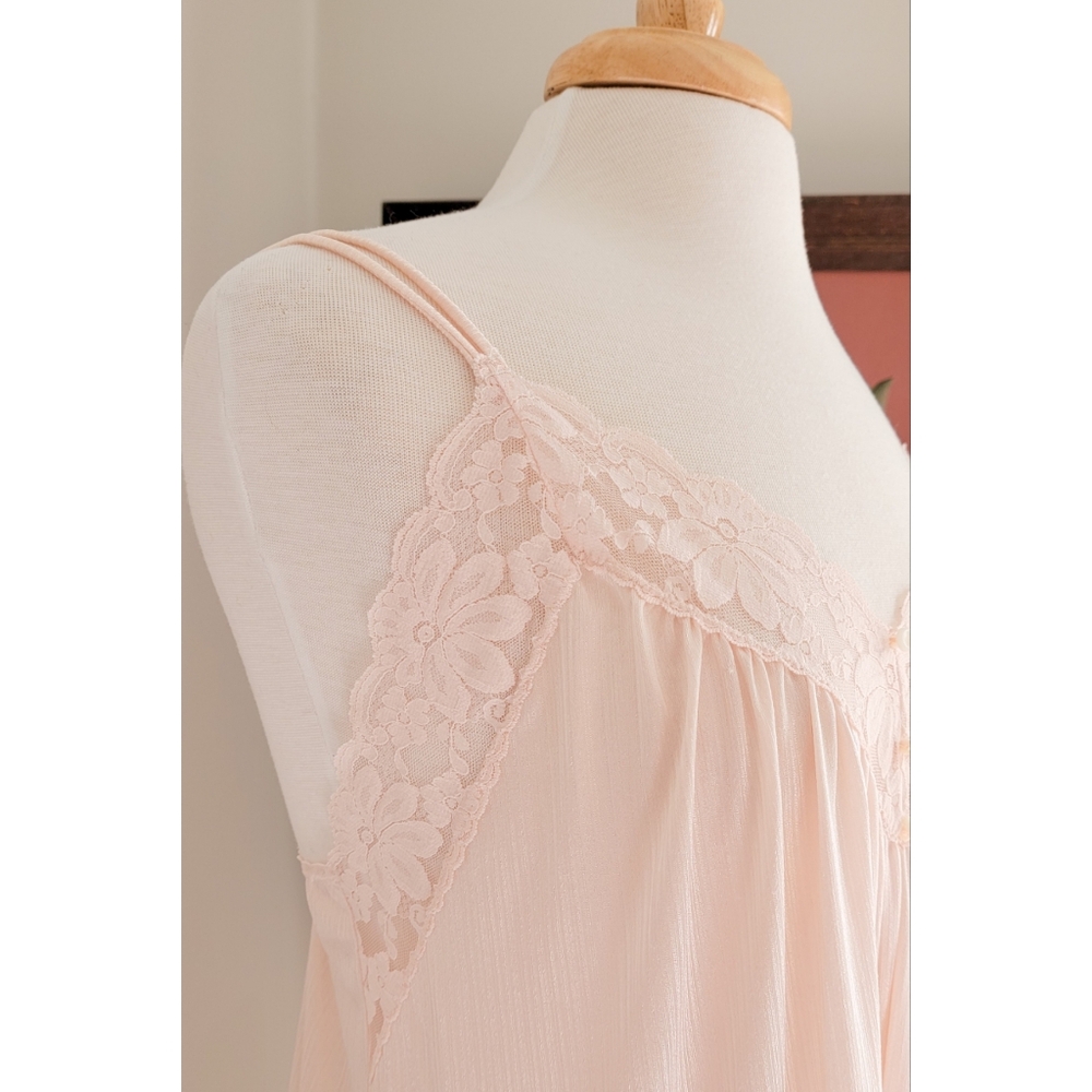 70s Pale Pink Floral Lace V Neck Split Strap Vintage Neutral Maxi Nightgown - Picture 2 of 16